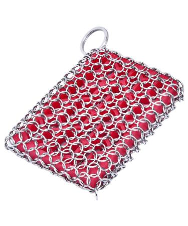 Petersty Cast Iron Skillet Cleaner 316 Stainless Steel Chainmail Cleaning Scrubber Silicone Scrubber for Kitchen (Red)