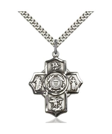 Sterling Silver 5-Way/Coast Guard Pendant 1 1/4 x 1 inches with Heavy Curb Chain