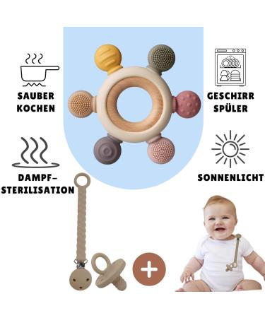 Cometrade Bite Ring for Babies | LFGB Silicone Kauringe & Natural Wooden Ring | Pacifier & Clip Set | Gummy Relief for Newborns & 3+ Months (Beige) - Buy Online on GoSupps.com