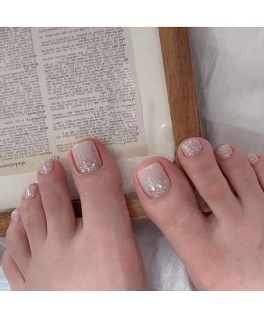SINLOV Square Fake Toenails Nude Pink Print on False Toe Nails Short Full Cover False Artificial Toenails Nails for Women and Girls