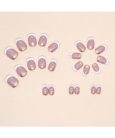 24Pcs Nude Pink Glitter French Tip Press on Nails - Short Square False Nails for Women and Girls - Buy Online on GoSupps.com