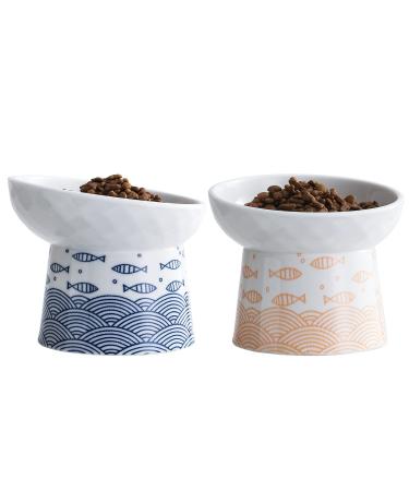 TAMAYKIM Ceramic Tilted Raised Cat Bowls, 8 OZ Food and Water Bowls Set for Kitty, 5 in Porcelain Elevated Stress Free Feeding Pet Dish, Dishwasher and Microwave Safe, Set of 2 Orange & Blue