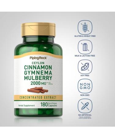 Piping Rock Ceylon Cinnamon Gymnema Mulberry Complex 2000mg | 180 Capsules | Herbal Supplement - Buy Online on GoSupps.com