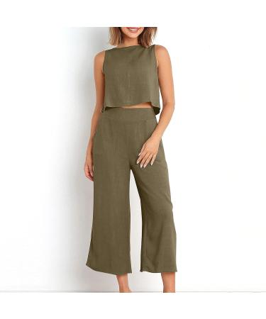 Women's Summer Two Piece Set - Sleeveless Crop Top and Capri Pants in Khaki - Size Medium - Buy Online on GoSupps.com
