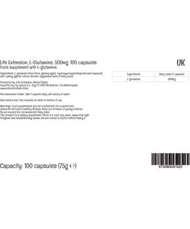 Life Extension L-Glutamine 500mg Vegan Capsules - Lab-Tested Gluten Free | Vegetarian | Soy Free | GMO Free - Buy Online on GoSupps.com