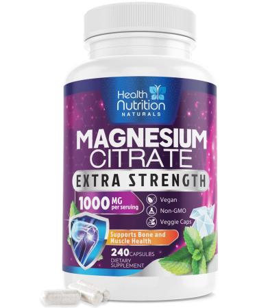 Magnesium Citrate Capsules 1000mg - Max Absorption Magnesium Powder Capsules for Muscle  Nerve  Bone and Heart Health Support  High Absorption Citrate Complex  Gluten Free  Non-GMO - 240 Capsules 240 Count (Pack of 1)