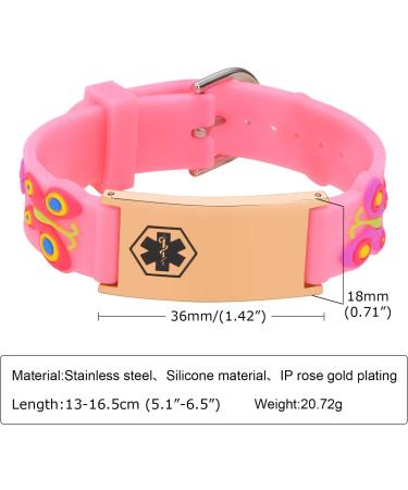 Customised Kids Safety ID Wristband | Personalised Medical Alert Bracelet for Boys and Girls | Pink Rose Gold Butterfly Design - Buy Online on GoSupps.com
