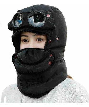 Winter Thermal Trapper Hat with Glasses - Windproof Ski Mask Cap in Black - Buy Online on GoSupps.com