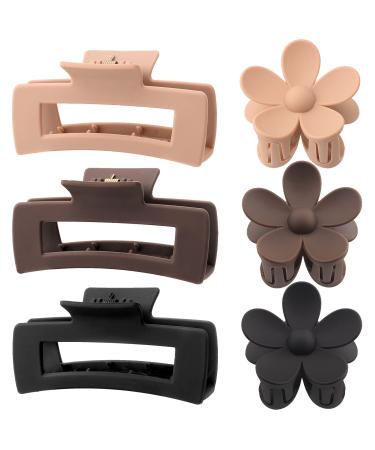 6 Pack 4.1 Inche Large Rectangle Hair Claw Clips Matte Flower Hair Clips for Women Thin Thick Curly Hair Neutral Colors