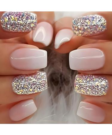 Mouyouglow Press on Nails Kurz Square Nude Rosa Color Ground White Silver Glitzer Bling Fake Nails Art Nails with nail glue pink ombre white artificial fingernails Q30
