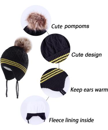 LANGZHEN Toddler Winter Hat | Earflap Knit Beanie for Baby Boys Girls 1-2 Years | Fleece Lined & Warm | Black Pompon - Buy Online on GoSupps.com