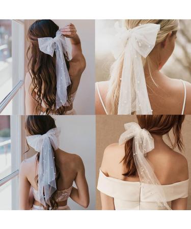 ZSPERKLA Bridal Bow Hair Clip for Women Large White Lace Bow Clip French Barrette Bowknot with Pearl Bride Veil Hair Accessories for Wedding Party Gift - Buy Online on GoSupps.com