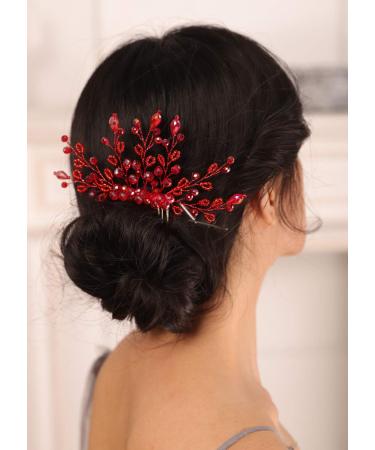 Kercisbeauty Red Crystal Beads Hair Comb for Wedding Brides Bridesmaid Special Occasion Women and Girls Hair Accessories Collection