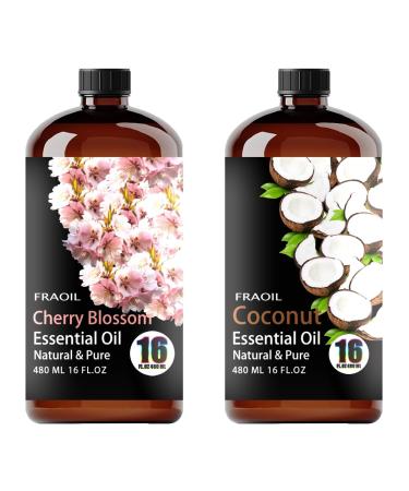 Cherry Blossom Essential Oil 16 Fl Oz and Coconut Essential Oil 16 Fl Oz for Diffuser Humidifier Yoga Cleaning DIY Candle Soap Making Perfume Gift for Essential Oils