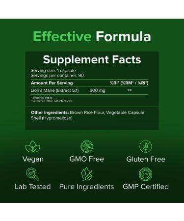 Lions Mane 500mg - Vegan Brain & Concentration Supplement - Hericium Erinaceus Capsules for Nervous System & Heart Health - RAW POWDERS - 90 Capsules - Buy Online on GoSupps.com