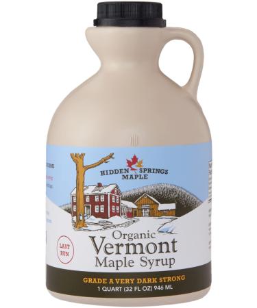 HIDDEN SPRINGS MAPLE 100% Organic Vermont Maple Syrup, Grade A Very Dark Robust, 32 Ounce, 1 Quart, Family Farms, BPA-free Jug Very Dark Robust 32 Fl Oz (Pack of 1)