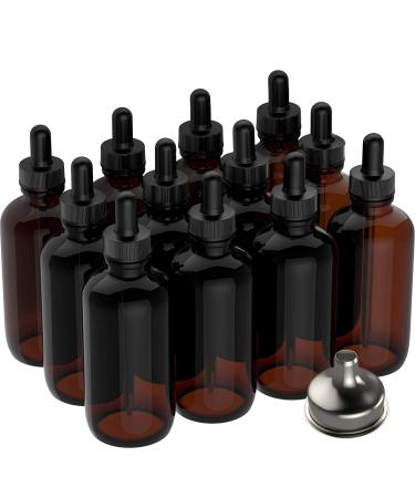 12 Pack Essential Oil Dropper Bottles (4 oz) 120ml Round Boston Empty Refillable Amber Bottle with Glass Dropper  Free Stainless Steel Funnel  for Liquid Aromatherapy Fragrance Lot