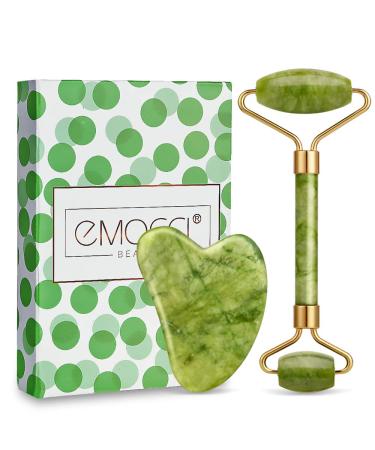 Jade Roller for Face and Gua Sha Set - EMOCCI Facial Beauty Roller Skin Care Tools Kit 100% Real Jade Anti-Aging for Face, Eyes, Neck, Body Muscle Relaxing with Gift Box(Green)