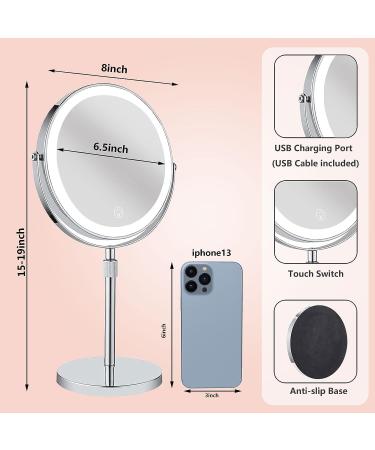 Adjustable LED Lighted Makeup Mirror with 3 Color Options, 10x Magnification, Rechargeable Battery - Chrome Finish - Buy Online on GoSupps.com