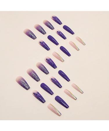 24Pcs Long Coffin Purple Butterfly Design Acrylic Press On Nails - Full Cover Gradient False Nails for Women and Girls - Buy Online on GoSupps.com