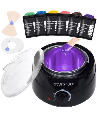 Waxing Kit Wax Warmer for Women Men Hair Removal with 6 Wax Beads, 10 Spatulas, 5 Protection Paper, At Home Wax Kit Painless for Body Hair Facial Eyebrows Armpit Hair Black-6pcs