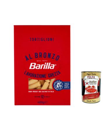 Italian Gourmet E.R. Barilla Tortiglioni al Bronzo Pack of 20 Bronze Extruded Pasta 400g Raw Processing Method + Italian Gourmet Polpa 400g
