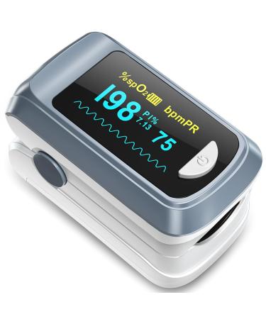 Fingertip Pulse Oximeter Blood Oxygen Saturation Monitor Pulse Ox Heart Rate and Fast Spo2 Reading Oxygen Meter with OLED Screen Included Lanyard and 2 X AAA Batteries gray