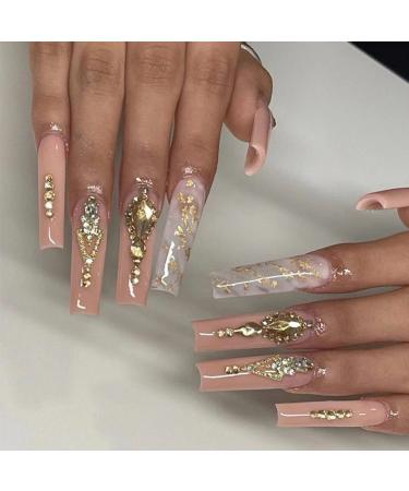 Justotry 24 pieces of coffee nails for sticky French artificial nails with rhinestone ballerina artificial nails press on nails fingernails fake nails short for women marble l1