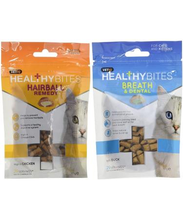 VetIQ Healthy Bites Hairball Remedy For Cats and Kittens 65g - Pack of 8 & Healthy Bites Breath & Dental For Cats & Kittens 65g - Pack of 8 + Breath & Dental For Cats - Pack of 8