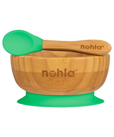 nohla - Bamboo Baby Weaning Suction Bowl and Spoon Set - Green - 350ml Capacity - 100% Natural & Organic BPA-Free Silicone - Toddler Mealtime Essentials Green Bowl