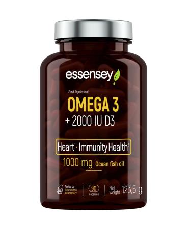 ESSENSEY ESSENSEY - Omega 3 2000 IU | 1000 mg of fish oil per capsule | 90 capsules | Vitamin D3 | with EPA and DHA (as triglycerides) | 90 daily doses | Easy to swallow | Lab tested
