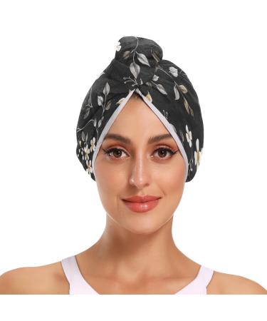 Wildflower Black Hair Towel 2 Pack Super Absorbent Hair Drying Towel Quick Dry Hair Turbans Head Towel with Button Twisty Wrap for Women Girls
