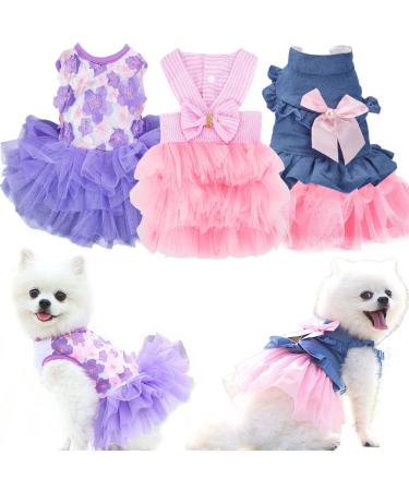 Sebaoyu Dog Dresses for Small Dogs Girl 3 Pack Summer Puppy Clothes Outfit Apparel Female Cute Cat Skirt Pup Tutu Pink Yorkie Clothing Breathable Pet Dress for French Bulldog Chihuahua (AA X-Small) AA X-Small