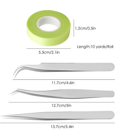 Eyelash Extension Tape Roll with Tweezers Set - Green Micropore Fabric Tape 0.5 Inch 10 Yards, 3 PCS Straight Pointed and Curved Silver Tweezers - Buy Online on GoSupps.com