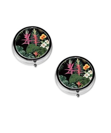 Tropical Flowers Printed Mini Round Pill Box Pill Box 3 Compartment Medicine Pill Case Pill Organizer Travel Pillbox Portable Pill Box for Pocket Home Office Use