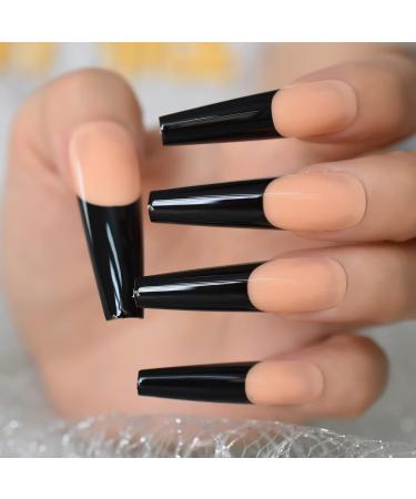 Black Lace French Artificial Nails - Extra Long Coffin Shiny Acrylic U-Shaped Tips - 24-Piece Party Set for Women - Buy Online on GoSupps.com