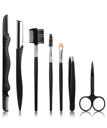 Sunuly Eyebrow Razor, 7 in 1 Eyebrow Kit, Eyebrow Trimmer Set Including Brow Razors, Brush, Scissors, Tweezers, with Plastic Box for Women Men Eyebrow Eyelash Facial Grooming Black