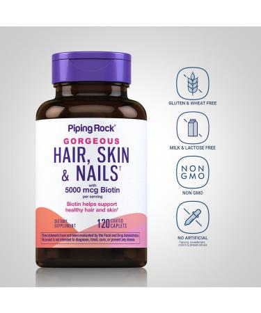 Piping Rock Hair Skin and Nails Vitamins | 120 Caplet Pills | with Collagen | 5000 mcg of Biotin | Non-GMO Gluten Free Supplement - Buy Online on GoSupps.com