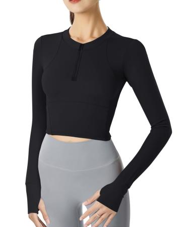 ZHENWEI Women's Cropped Athletic Jackets Half Zip Tight Workout Tops for Women Long Sleeve Black Medium