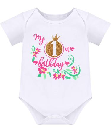 FYMNSI Baby Girl 1st Birthday Outfit Set - Flower Printed Romper, Tutu Skirt and Crown Headband in Hot Pink - Buy Online on GoSupps.com