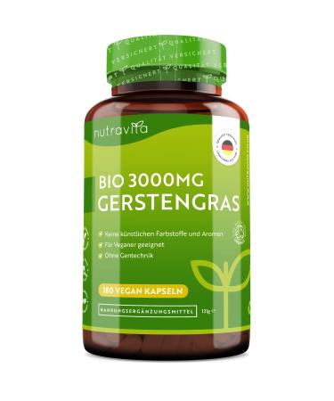 Organic barley grass capsules - high dose with 3000mg per daily dose - 180 vegan capsules of Gerstengrass powder - without unwanted additives - 600mg per capsule - Made by Nutravita