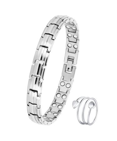 Jecanori Titanium Steel Magnetic Bracelets for Women Women Magnetic Wristband and Magnetic Rings with Ultra Strength Magnets Brazaletes with Removal Tool and Jewelry Gift Box 2x-silver
