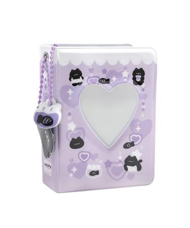 3 Inch Mini Photo Album, Heart Hollow Card Binder Photo Album Kpop Photo Card Holder with Pendant 40 Pockets (purple black cat)