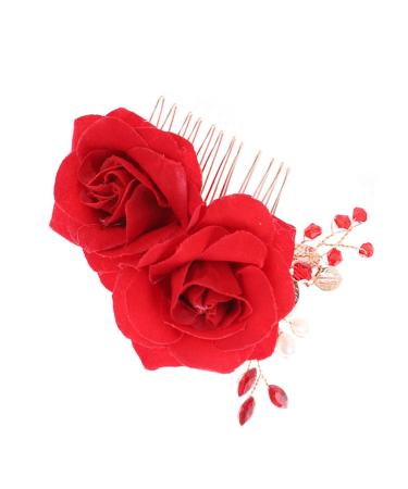 DOITOOL 1pc Red Flower Hair Clip Bridesmaids Crystal Hair Comb Hair Barrettes for Women Metal Rose Headwear for Women Bridal Floral Hair Headpiece Tiara Roses Women's Accessories