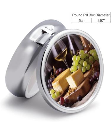 Portable Round Pill Box - Decorative 3 Compartment Organizer with White Wine Cheese Cake Grapes Print - Stylish Metal Pocket Pill Case - Buy Online on GoSupps.com