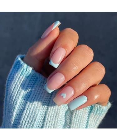 Sethexy Valentine's Day Baby Blue Love Heart False Nails - 24Pcs Glossy Press-On Acrylic Nail Tips - Buy Online on GoSupps.com