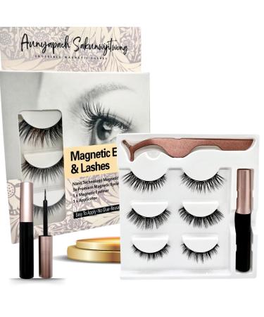 Magnetic Eyelashes AS Magnetic Eyeliner and Faux Mink Lashes Kit 24 Hours Waterproof 3 Pairs of 3D Magnetic Eyelashes (Set 2)