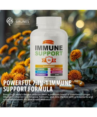 SIRUNES Immune Booster - Immunity Support Multivitamin with Vitamin C D3 Elderberry Zinc Echinacea Ginger & Turmeric - Antioxidant Energy Brain Health & Stress Relief (120 Capsules) - Buy Online on GoSupps.com