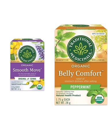 Traditional Medicinals Organic Smooth Move Laxative Herbal Tea 16 Bags (Pack of 1) & Organic Belly Comfort Digestive Herbal Tea 16 Bags (Pack of 1) Organic Smooth Move + Herbal Tea Smooth Move 16 Count (Pack of 1)