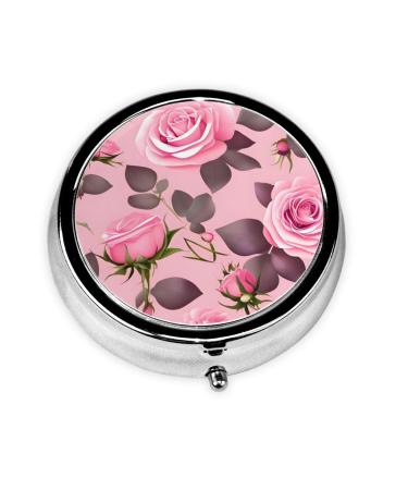 Pretty Pink Rosesround Pill Box 3 Compartments Round Pill Box Organizer for Purse Or Pocket Portable Travel Pill Box